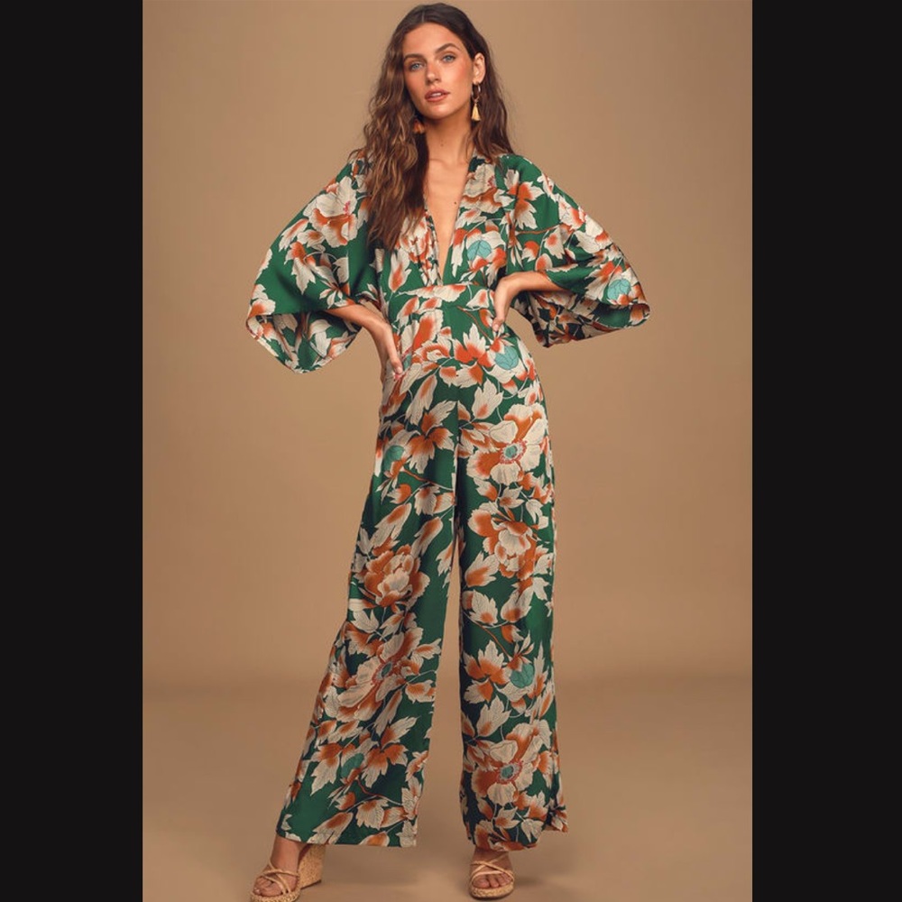 From Sunrise Teal Floral Print Bell Sleeve Wide-Leg Jumpsuit